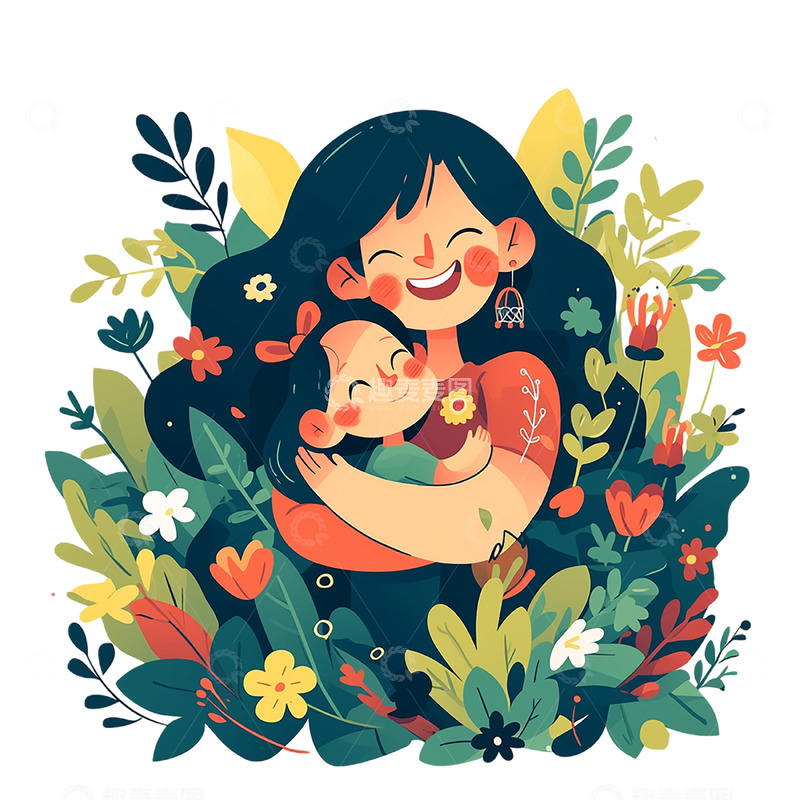 高清大图下载【趣麦麦图】花草卡通母女