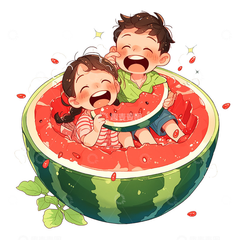 高清大图下载【趣麦麦图】夏日西瓜碗里的小孩