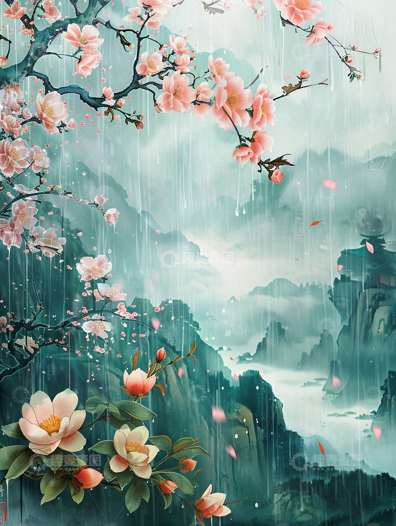 高清大图下载【趣麦麦图】花朵云雾细雨