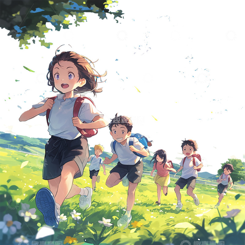 高清大图下载【趣麦麦图】夏日草坪上奔跑的小孩