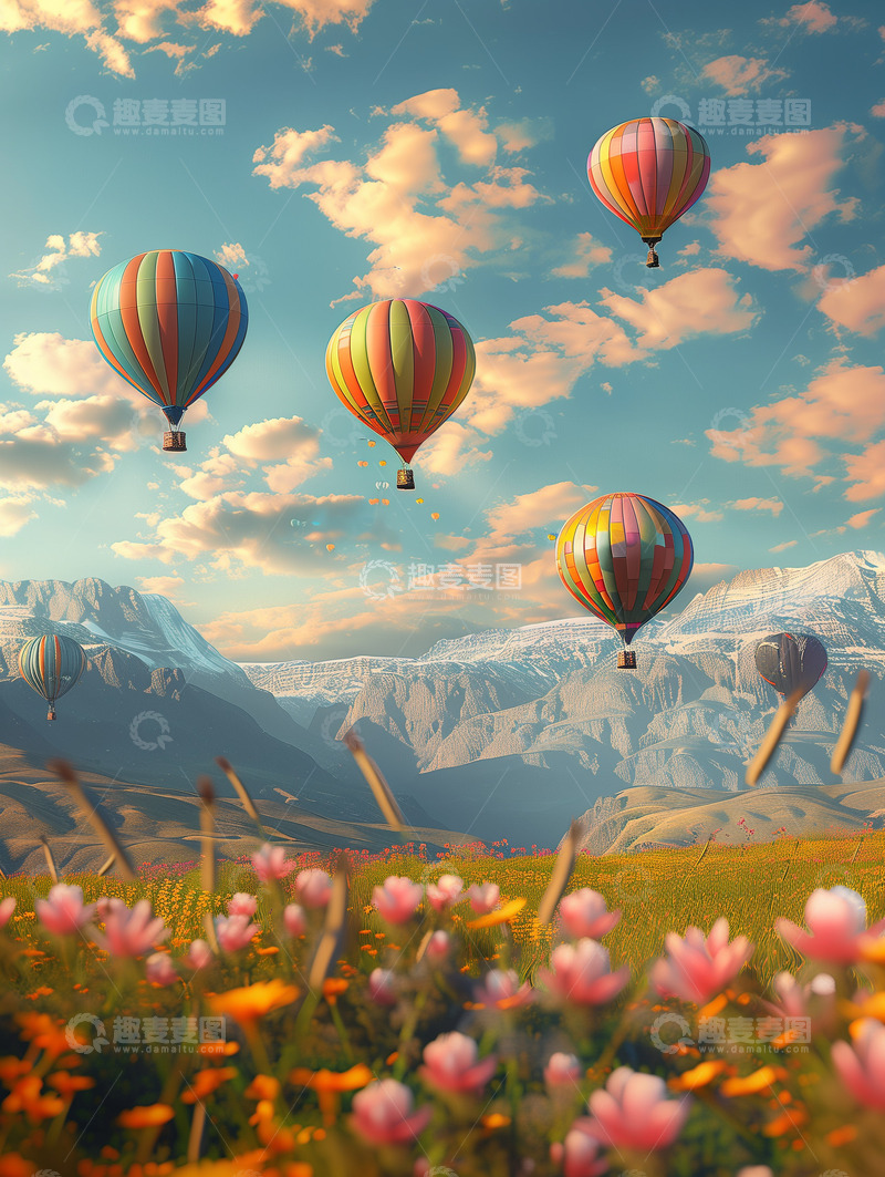 高清大图下载【趣麦麦图】浪漫粉色爱心热气球