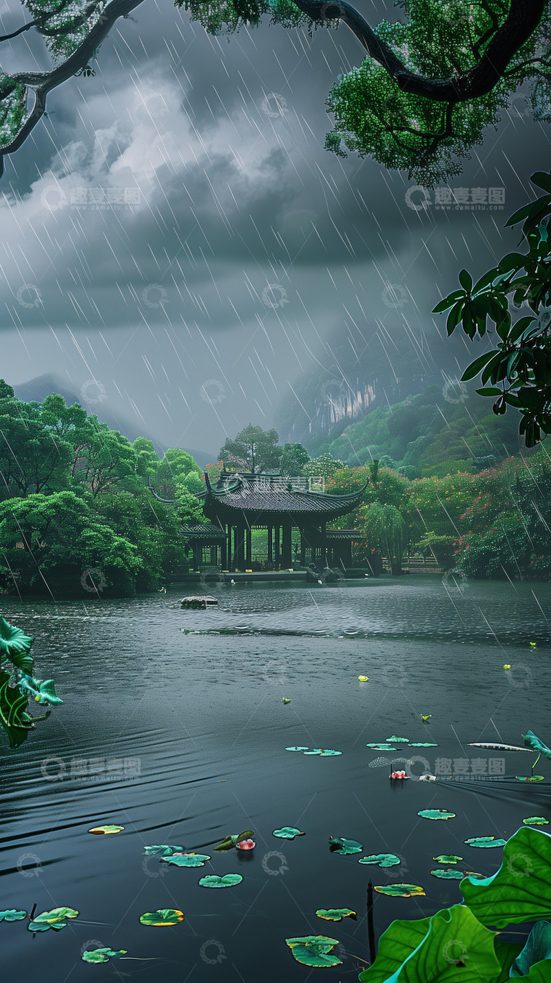 高清大图下载【趣麦麦图】江南烟雨流水阁楼