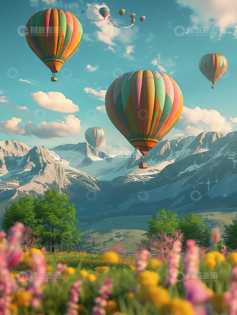 高清大图下载【趣麦麦图】花海背景粉色爱心热气球