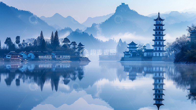 高清大图下载【趣麦麦图】山水倒影塔建筑单色云雾唯美场景