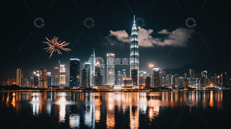 高清大图下载【趣麦麦图】城市夜晚烟花高楼大厦水面倒影