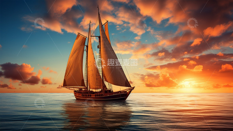 高清大图下载【趣麦麦图】帆船海上航行落日日出唯美场景