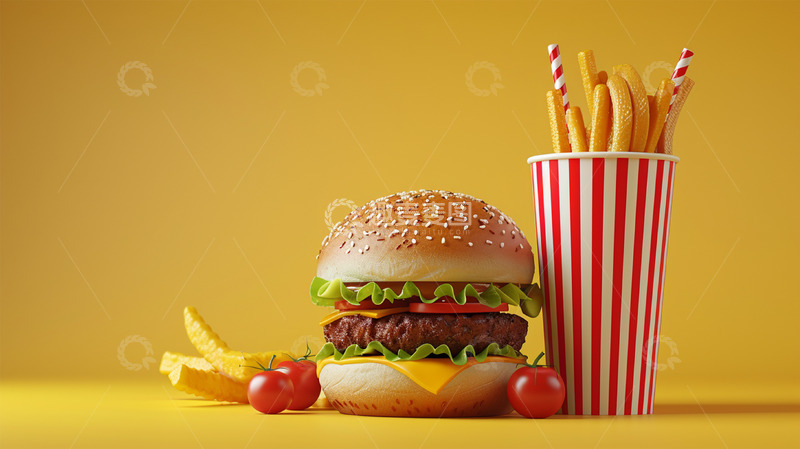 高清大图下载【趣麦麦图】汉堡薯条圣女果黄色快餐美食壁纸