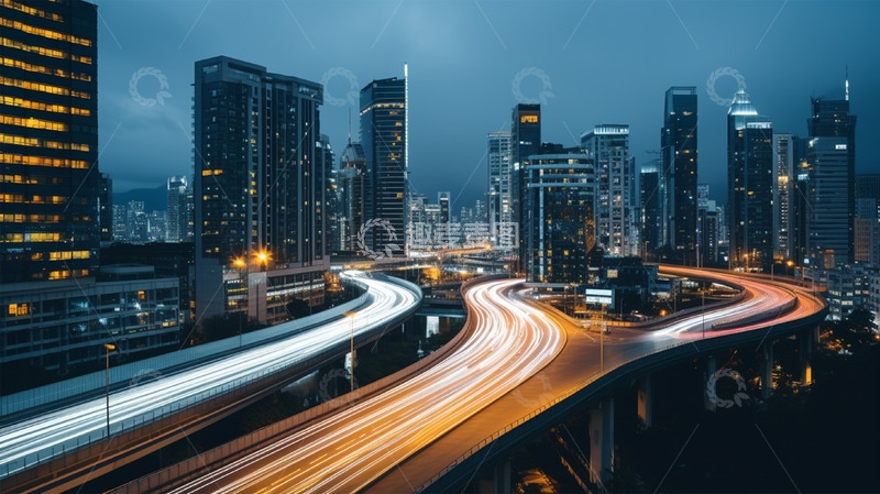 高清大图下载【趣麦麦图】城市高楼大厦公路夜晚场景
