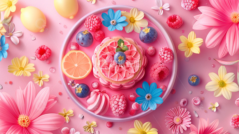 高清大图下载【趣麦麦图】蛋糕粉色鲜花水果树莓蓝莓美食壁纸