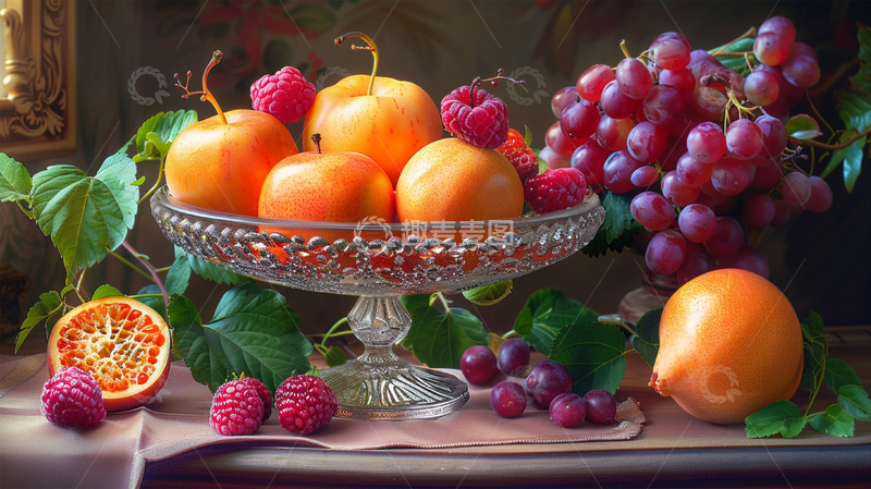 高清大图下载【趣麦麦图】水果玻璃盘子苹果葡萄美食壁纸