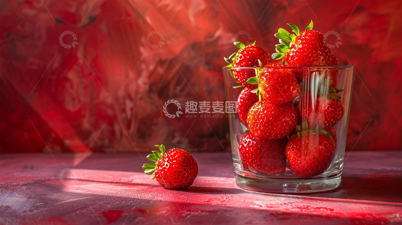 高清大图下载【趣麦麦图】草莓玻璃杯子水果美食红色壁纸