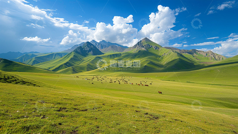 高清大图下载【趣麦麦图】草原山峰蓝天白云绿色风景场景
