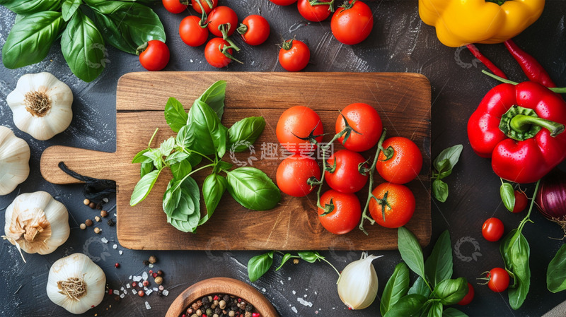 高清大图下载【趣麦麦图】蔬菜案板植物大蒜圣女果食物壁纸