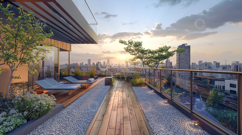 高清大图下载【趣麦麦图】木地板躺椅城市景观