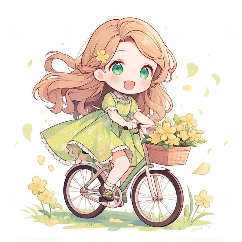 高清大图下载【趣麦麦图】穿绿裙子骑自行车的女孩