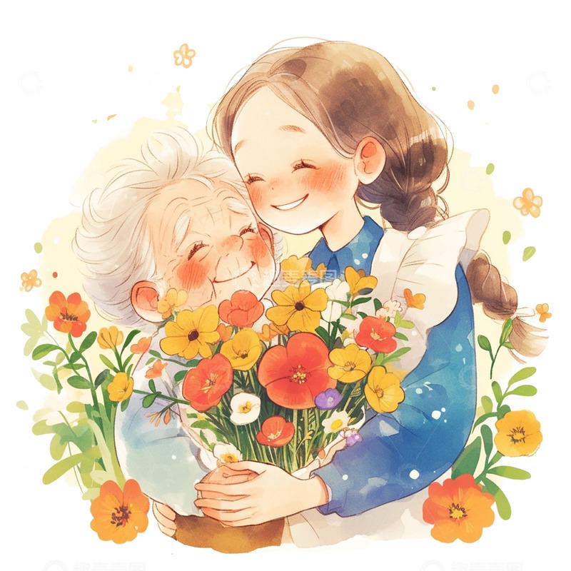 高清大图下载【趣麦麦图】鲜花卡通母女