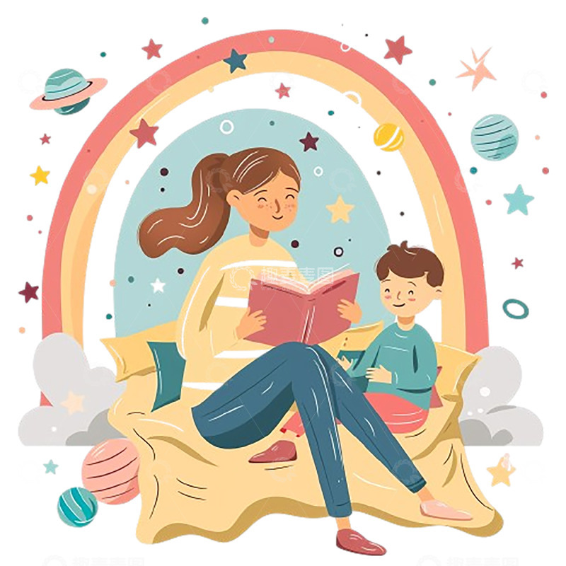 高清大图下载【趣麦麦图】卡通母亲给小孩讲故事