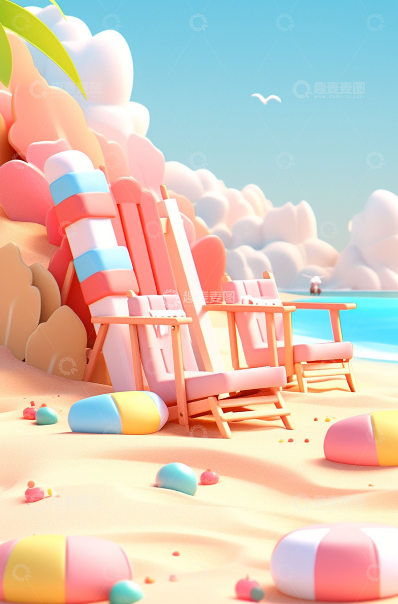 高清大图下载【趣麦麦图】沙滩上的粉色躺椅