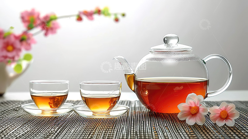 高清大图下载【趣麦麦图】花茶一壶两杯茶具鲜花茶道