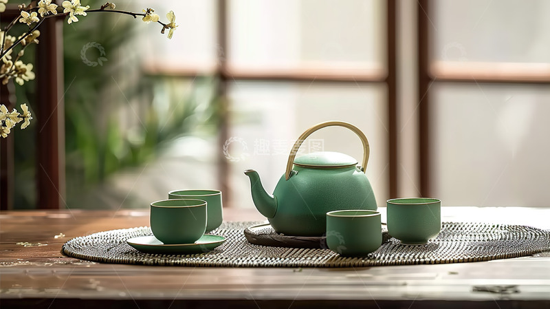 高清大图下载【趣麦麦图】一壶四杯国风茶道品茶茶壶茶杯