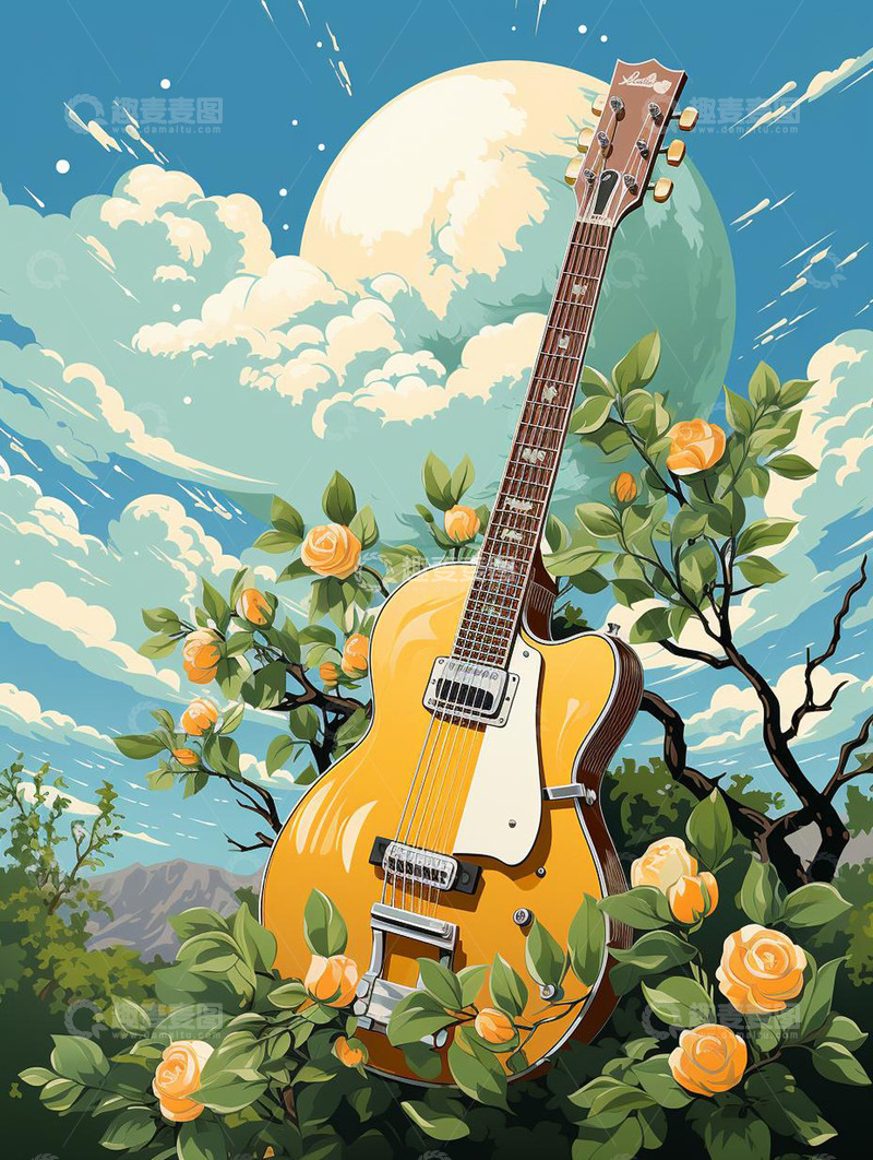 高清大图下载【趣麦麦图】吉他玫瑰治愈手绘插画
