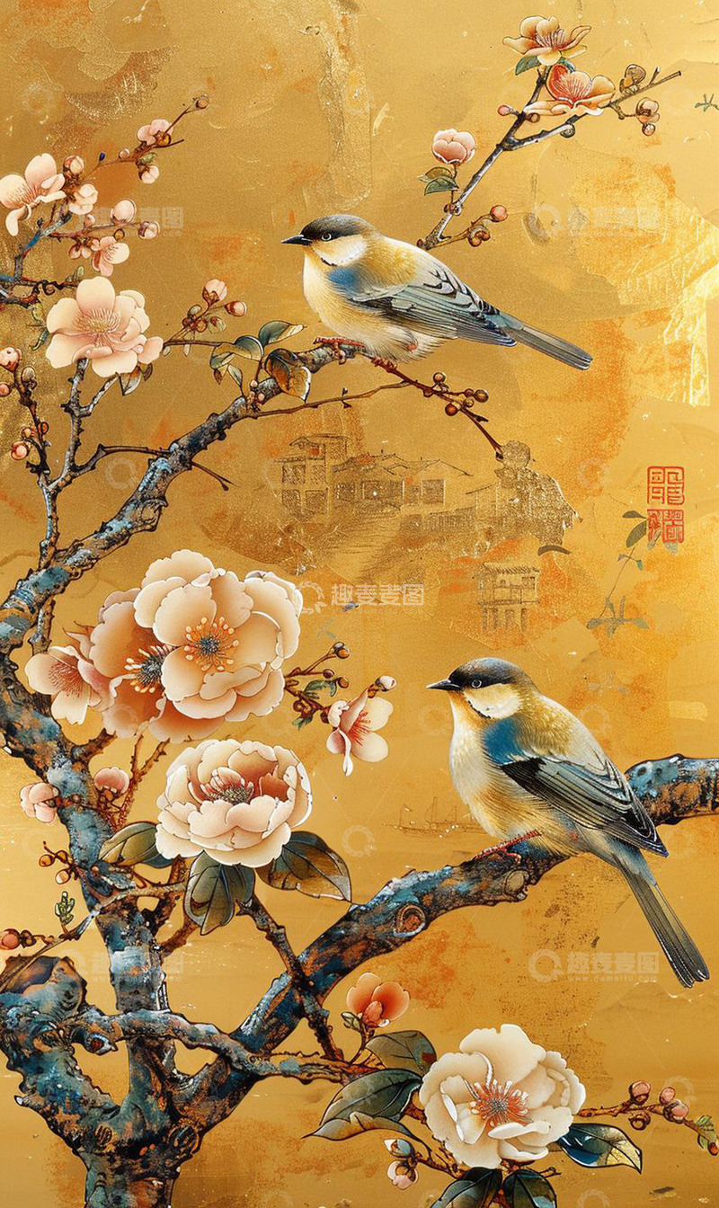 高清大图下载【趣麦麦图】桃花小鸟复古画