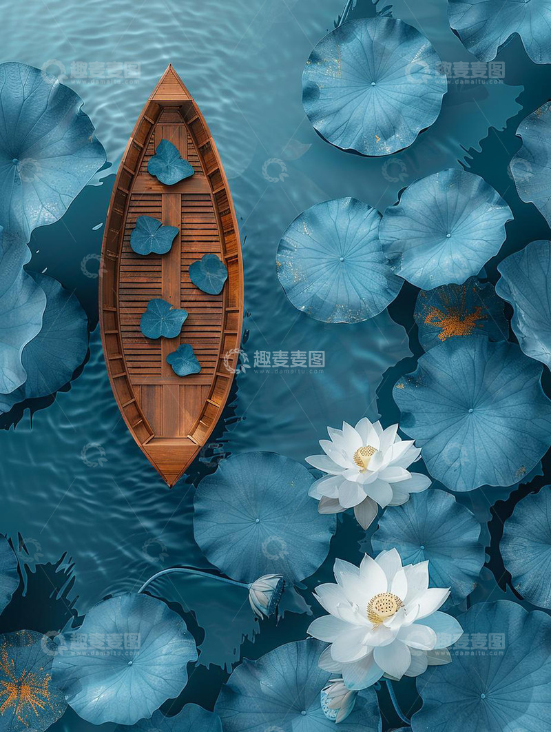 高清大图下载【趣麦麦图】夏日荷塘莲花小船