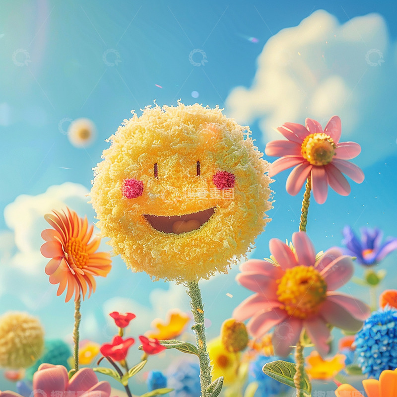 高清大图下载【趣麦麦图】毛绒质感笑脸花朵