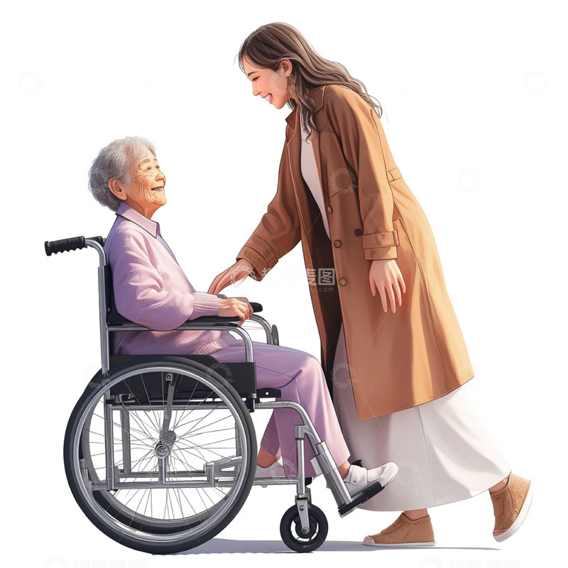 高清大图下载【趣麦麦图】子女陪伴坐在轮椅上的妈妈