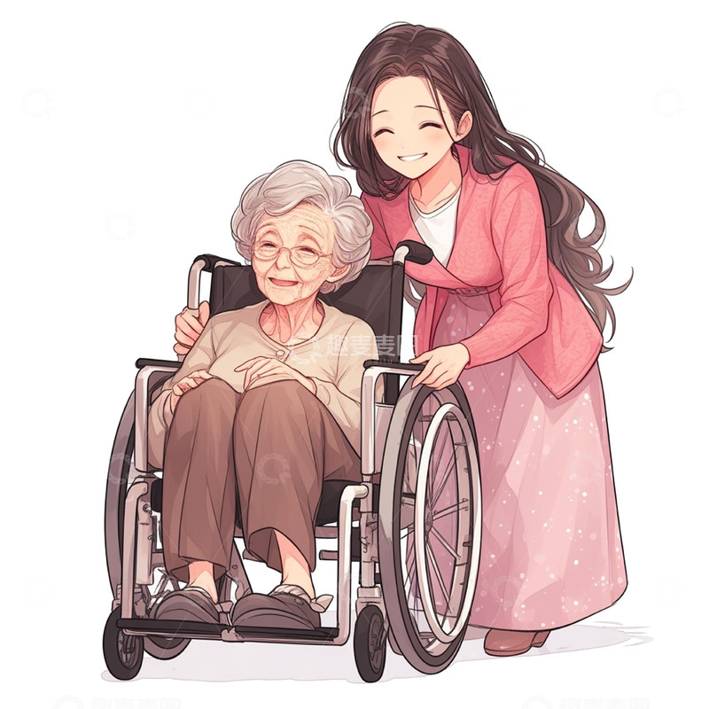 高清大图下载【趣麦麦图】母亲节推着轮椅上的妈妈散步