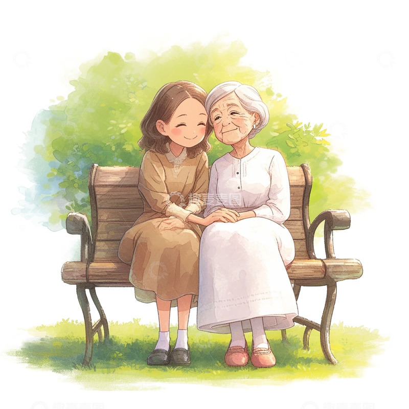 高清大图下载【趣麦麦图】母亲节坐在长椅上的母女