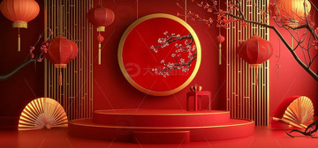 红色喜庆春节国风展台