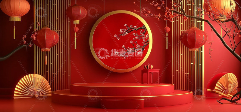 高清大图下载【趣麦麦图】红色喜庆春节国风展台