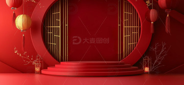 红色喜庆春节国风展台1