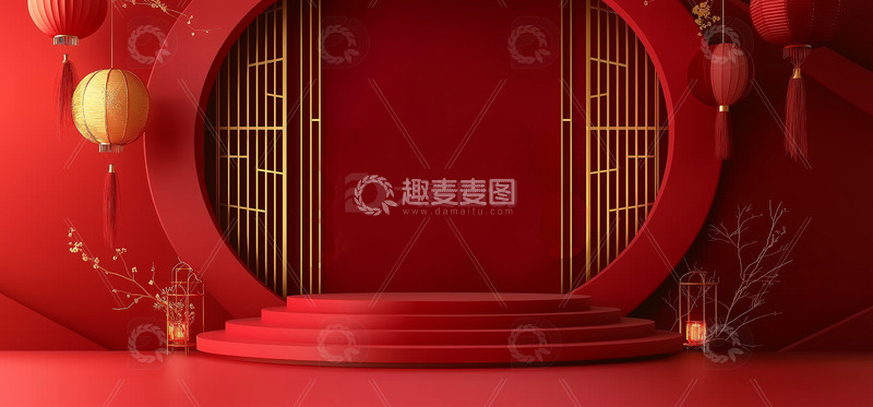 高清大图下载【趣麦麦图】红色喜庆春节国风展台1