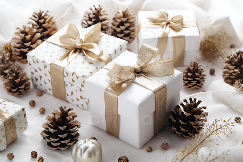 高清大图下载【趣麦麦图】圣诞节礼品盒和松果