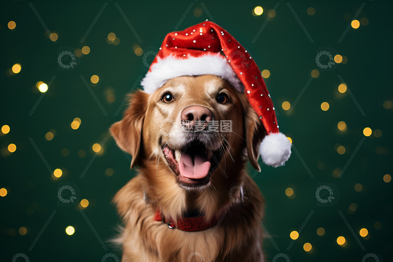 高清大图下载【趣麦麦图】带着圣诞帽的金毛