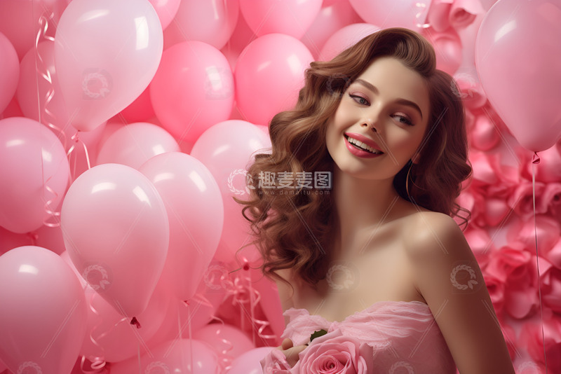 高清大图下载【趣麦麦图】美女在气球花海中