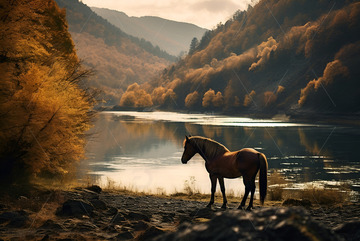 秋季湖泊边的骏马