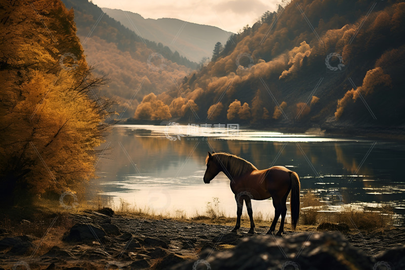 高清大图下载【趣麦麦图】秋季湖泊边的骏马