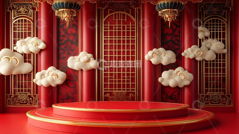 高清大图下载【趣麦麦图】元旦年货节电商展台中国风舞台