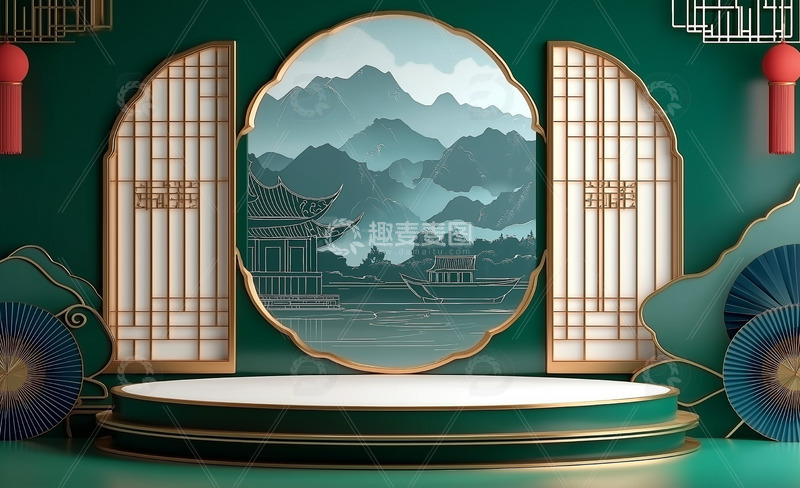 高清大图下载【趣麦麦图】绿色古风展台设计