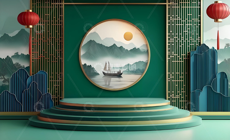 高清大图下载【趣麦麦图】绿色古风展台设计1