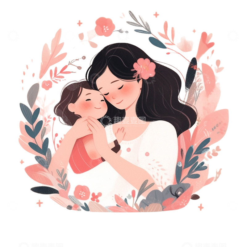 高清大图下载【趣麦麦图】卡通鲜花母女人物