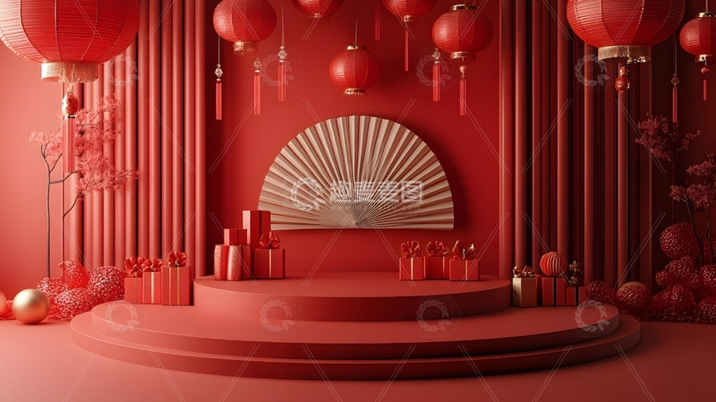 高清大图下载【趣麦麦图】年货节春节电商展台红色主题舞台