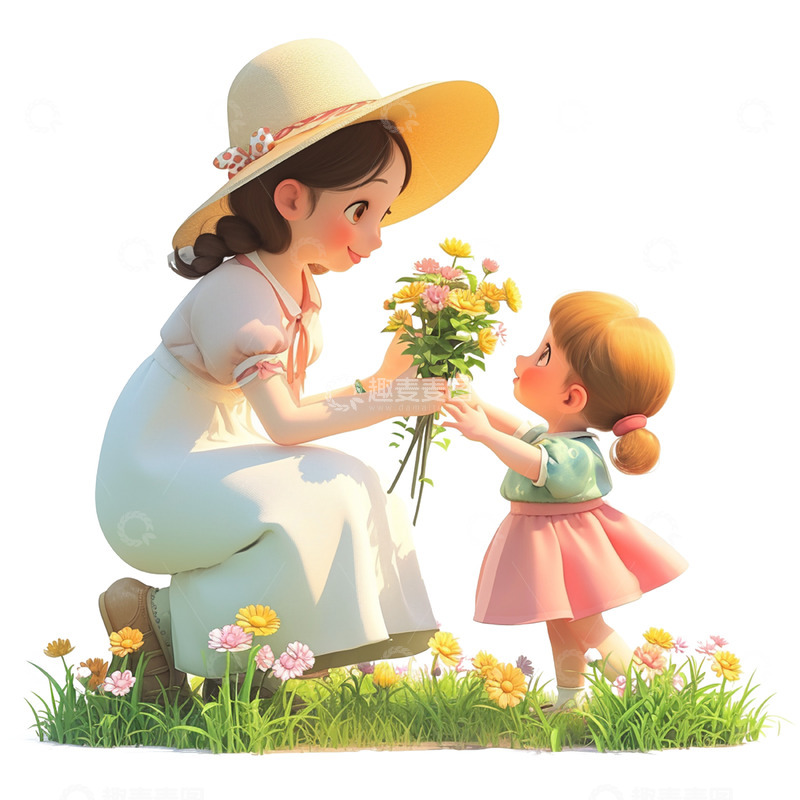 高清大图下载【趣麦麦图】草坪上送花的母女