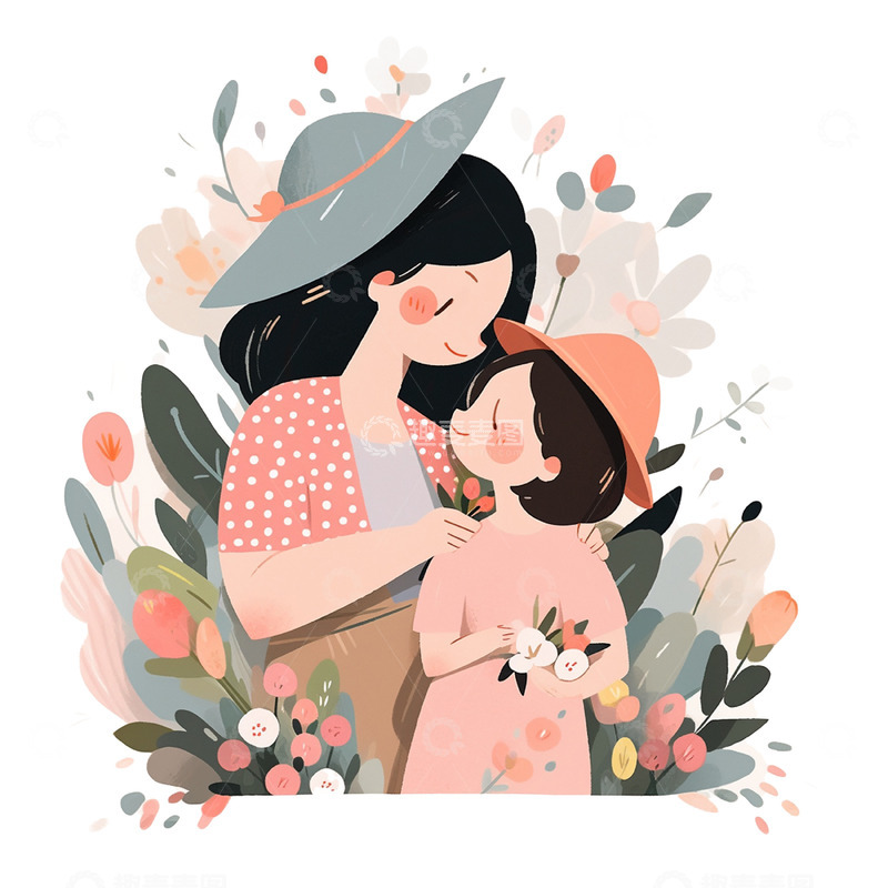 高清大图下载【趣麦麦图】卡通鲜花母女