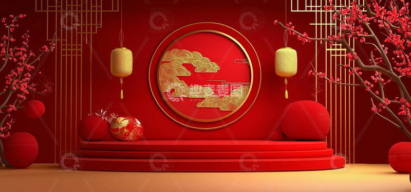 红色喜庆春节国风展台3