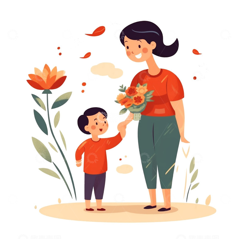 高清大图下载【趣麦麦图】母亲节男孩送花给母亲