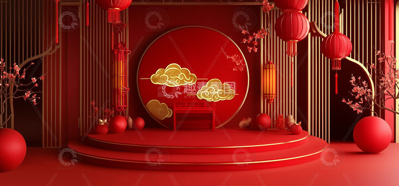 高清大图下载【趣麦麦图】红色喜庆春节国风展台2